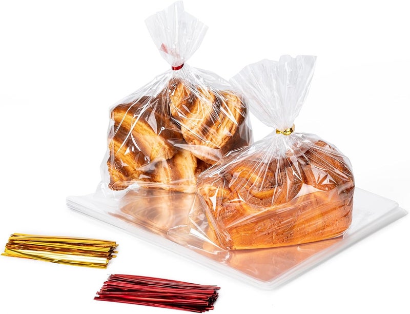 Aegero Cello Cellophane Treat Bags, 200 Pcs 8x10Inches Clear Cellophane Bags with 200 Twist Ties for Gift Wrapping,Packaging Candies,Dessert,Bakery,Party Favors - Image 1